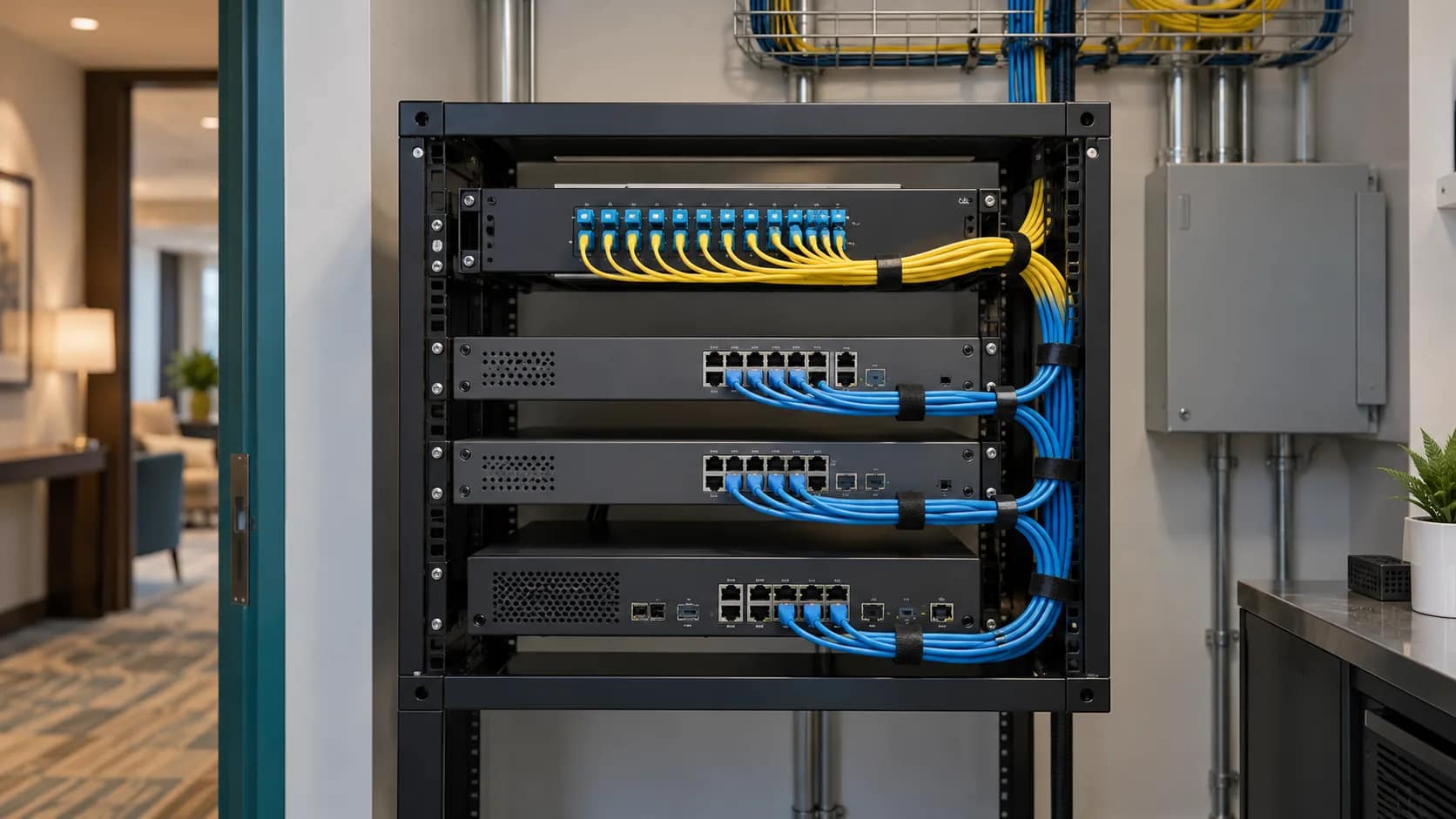 hotel-internet-access-architecture Illustrative hotel network rack with fiber termination and organized Ethernet connections