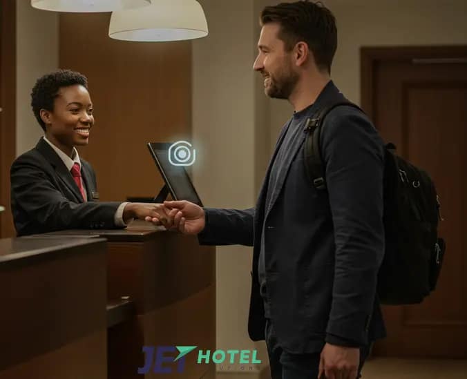 a photo of a smiling concierge greeting a guest while a subtle camera icon appears in the background, symbolizing seamless integration of technology.