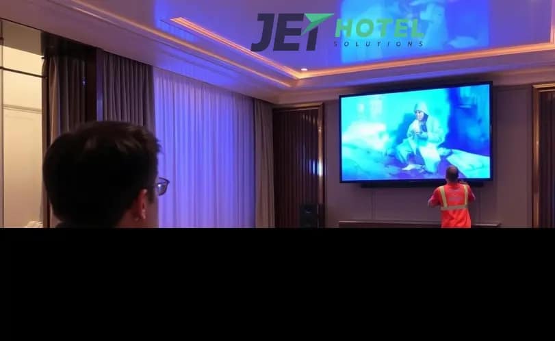 workers installing a TV for a grand hotel