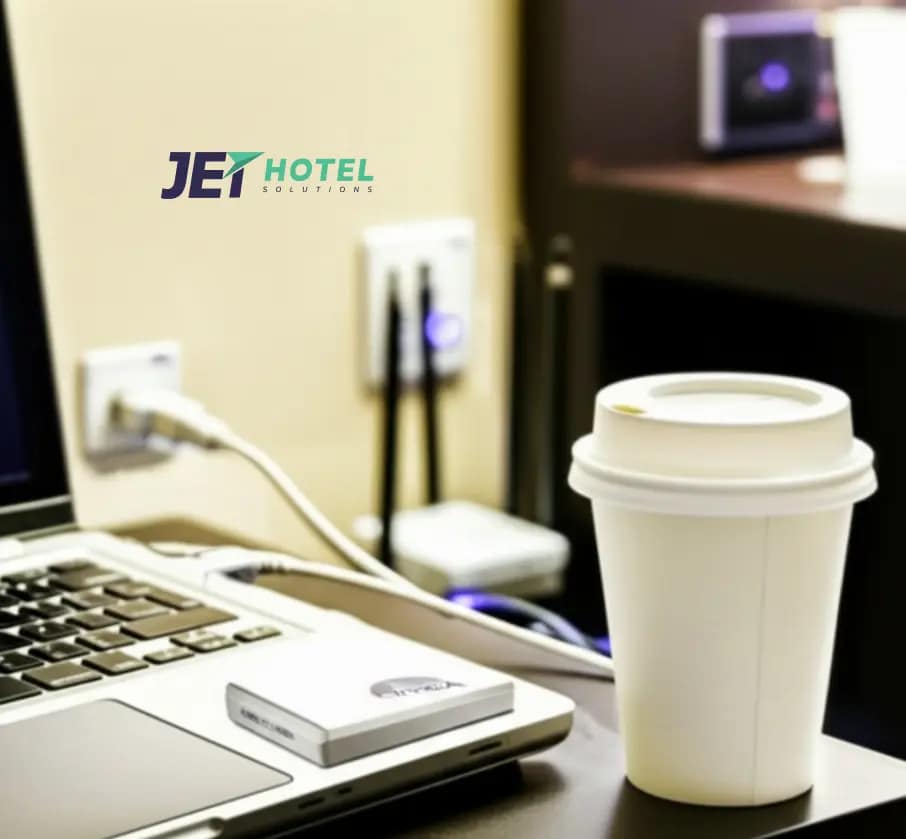 This messy desk hides a secret: coax WiFi delivering blazing-fast internet to every guest room.