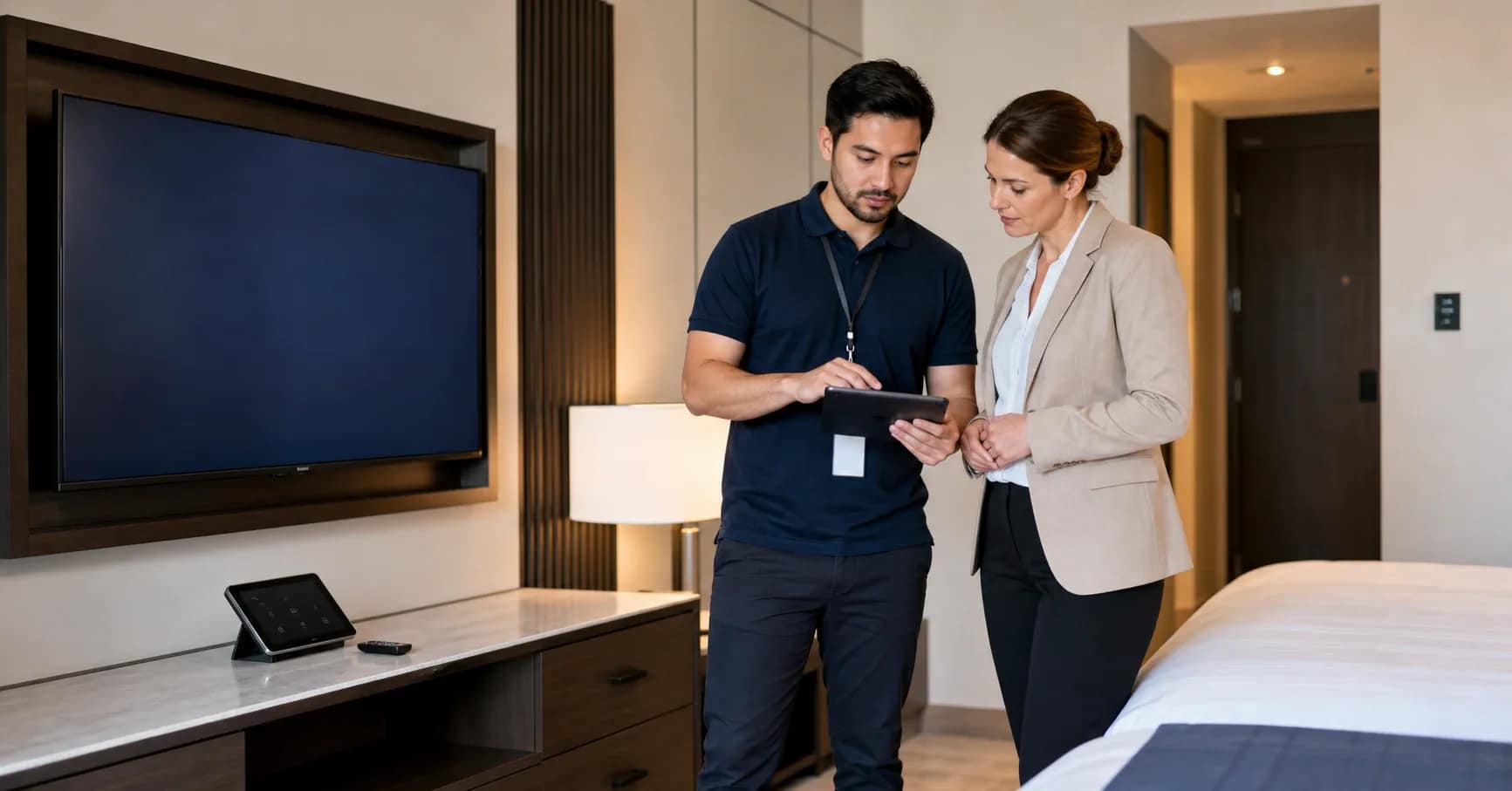 Hotel team validating guest-room TV, casting, privacy reset, and support readiness before room release.