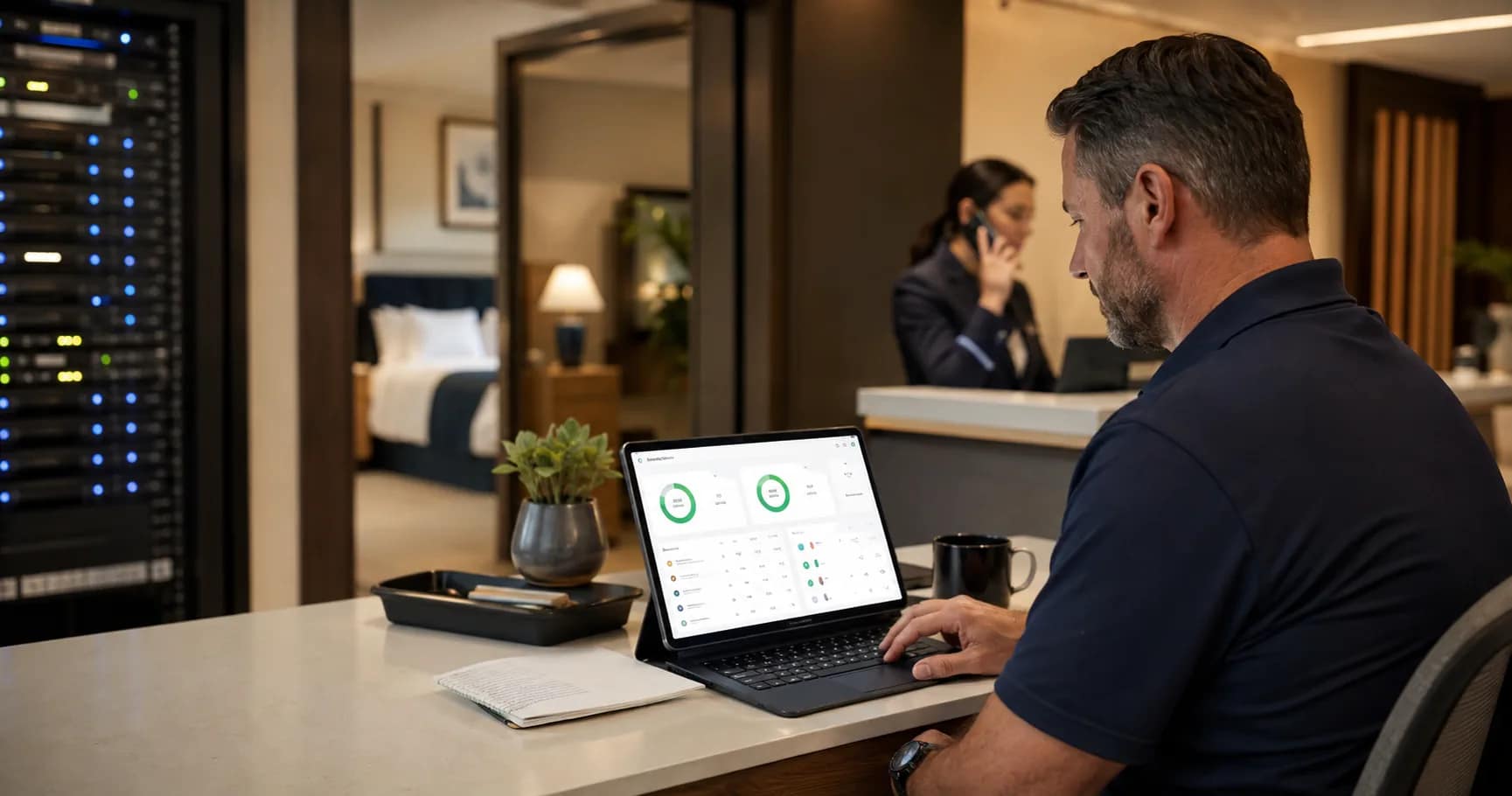 Hotel operations team reviewing network monitoring and support escalation for guest technology systems