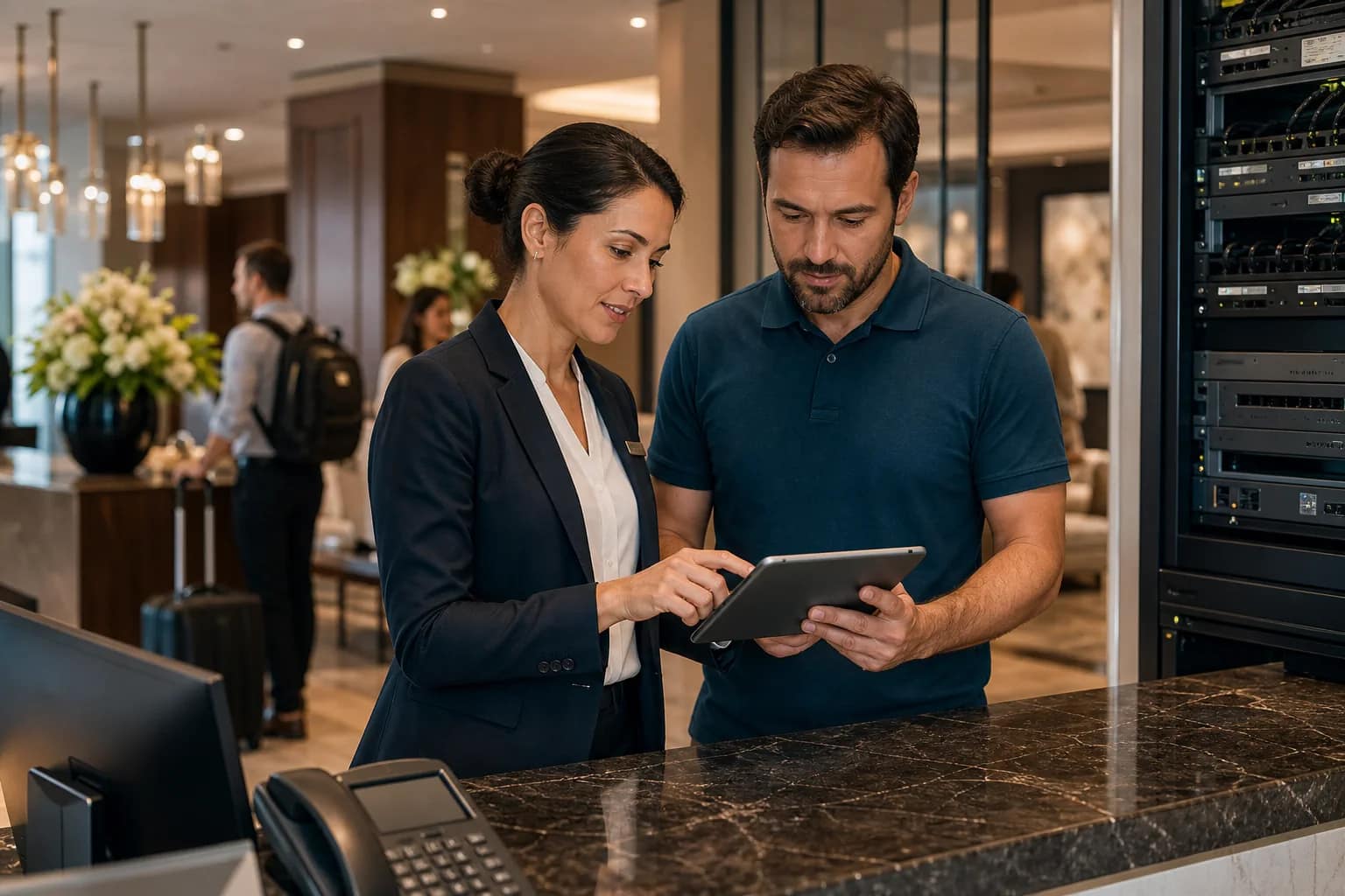 Hotel manager and engineer reviewing technology readiness before a busy Labor Day weekend