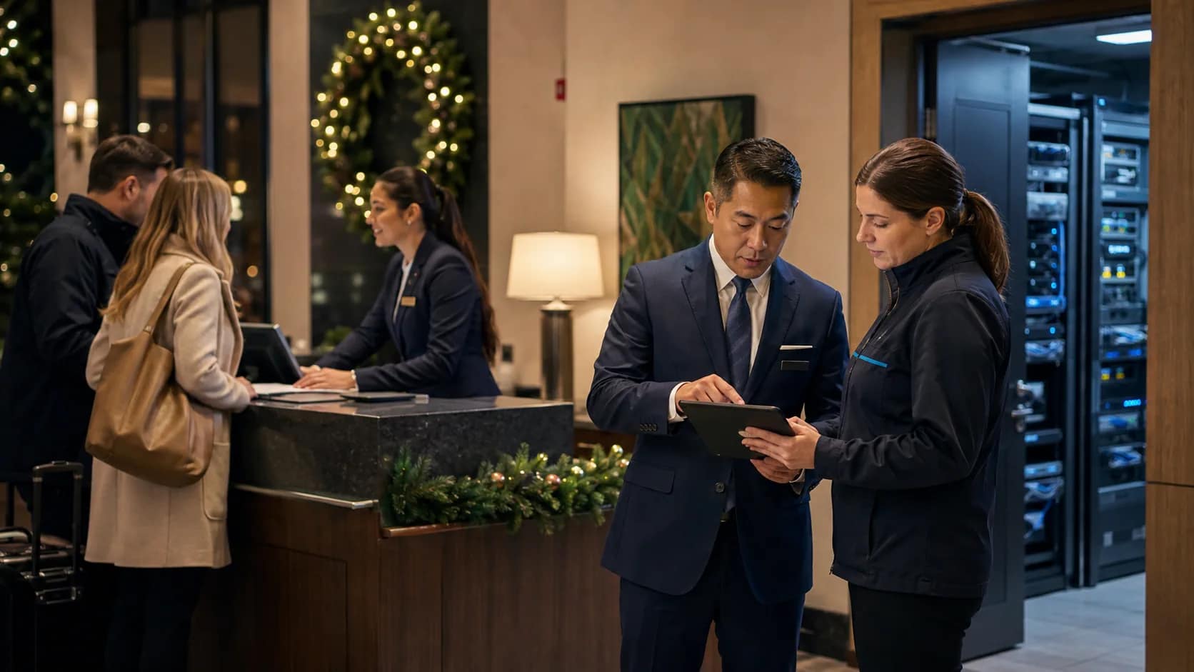 Hotel manager and engineer reviewing an after-hours technology support plan near the front desk