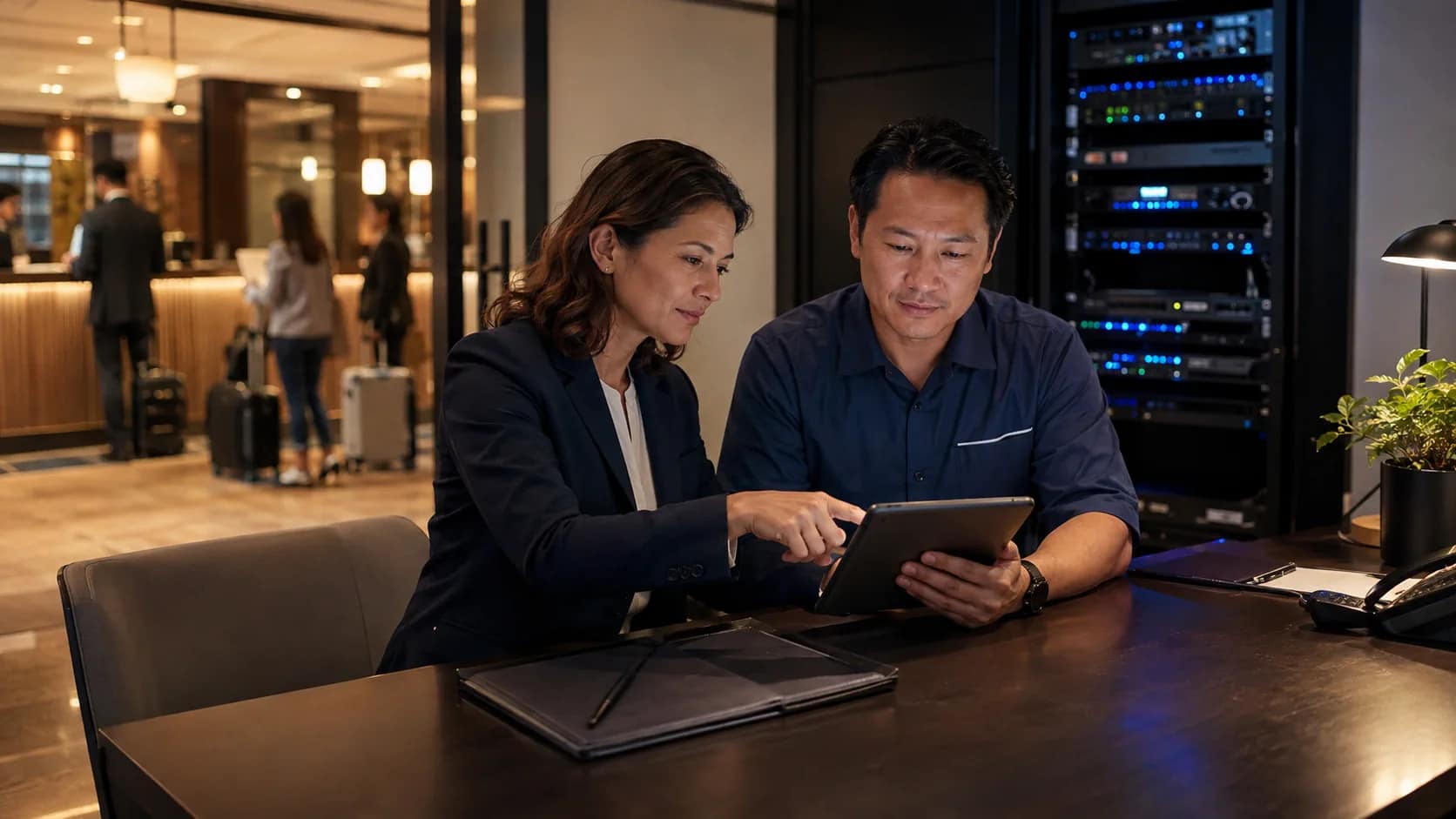 Hotel operations manager and engineer reviewing a weekend technology incident log near the front desk