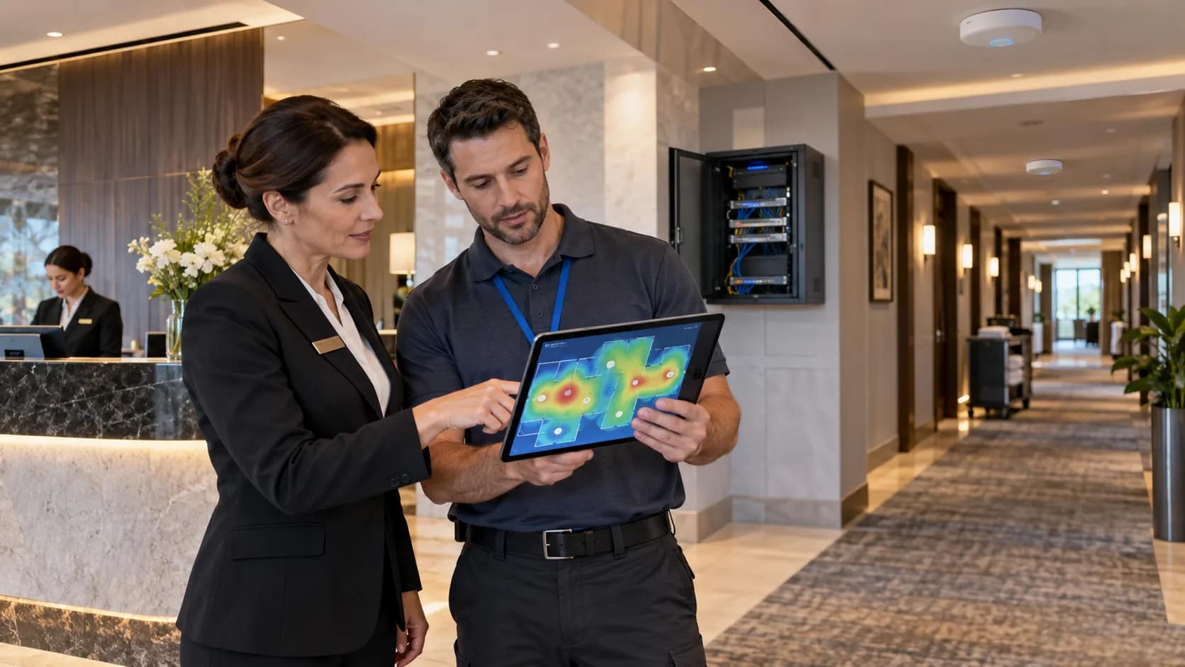 Hotel manager and IT technician reviewing hotel guest WiFi systems coverage in a lobby corridor