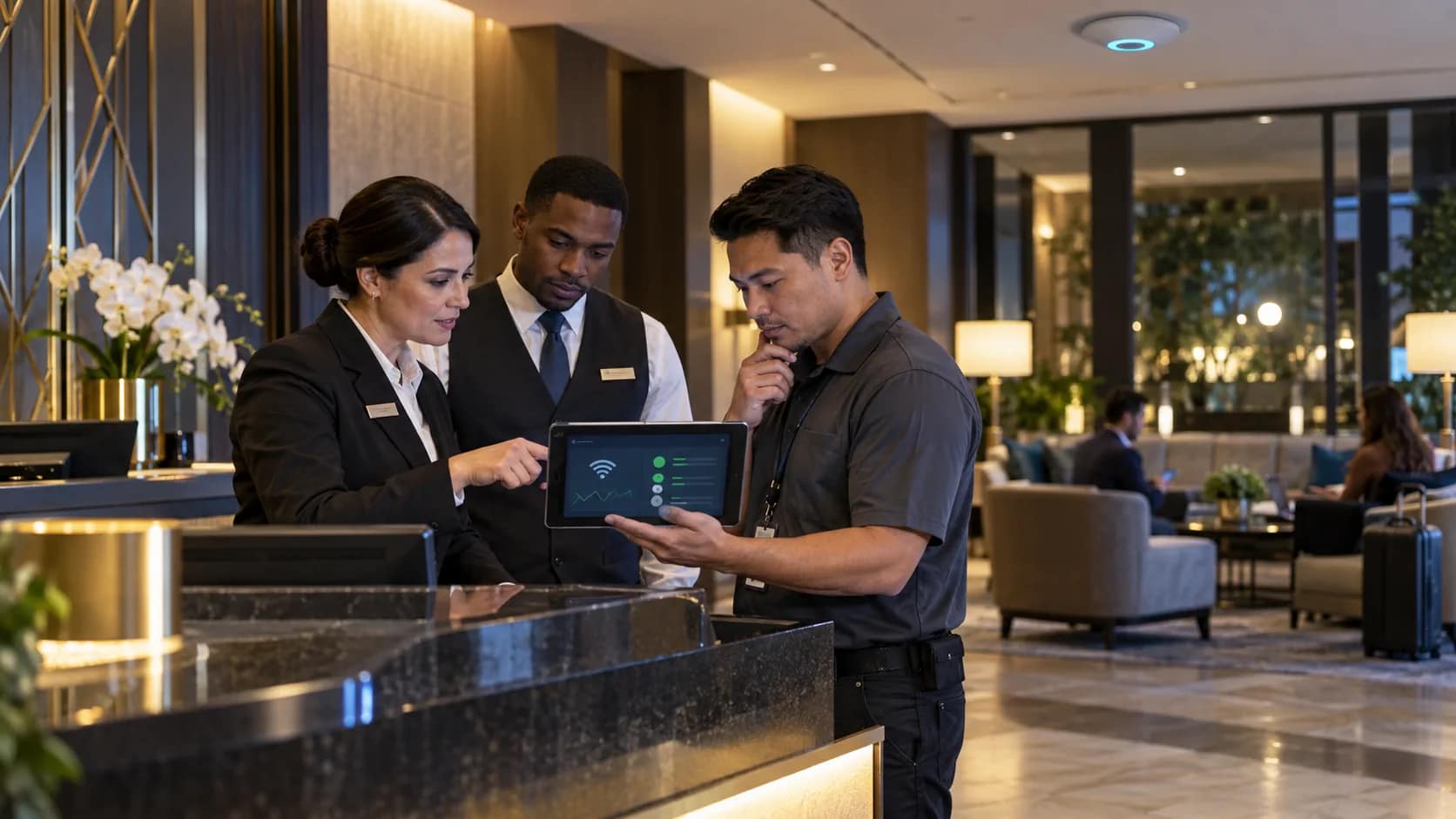 Front desk manager and IT technician reviewing hospitality WiFi support steps on a tablet