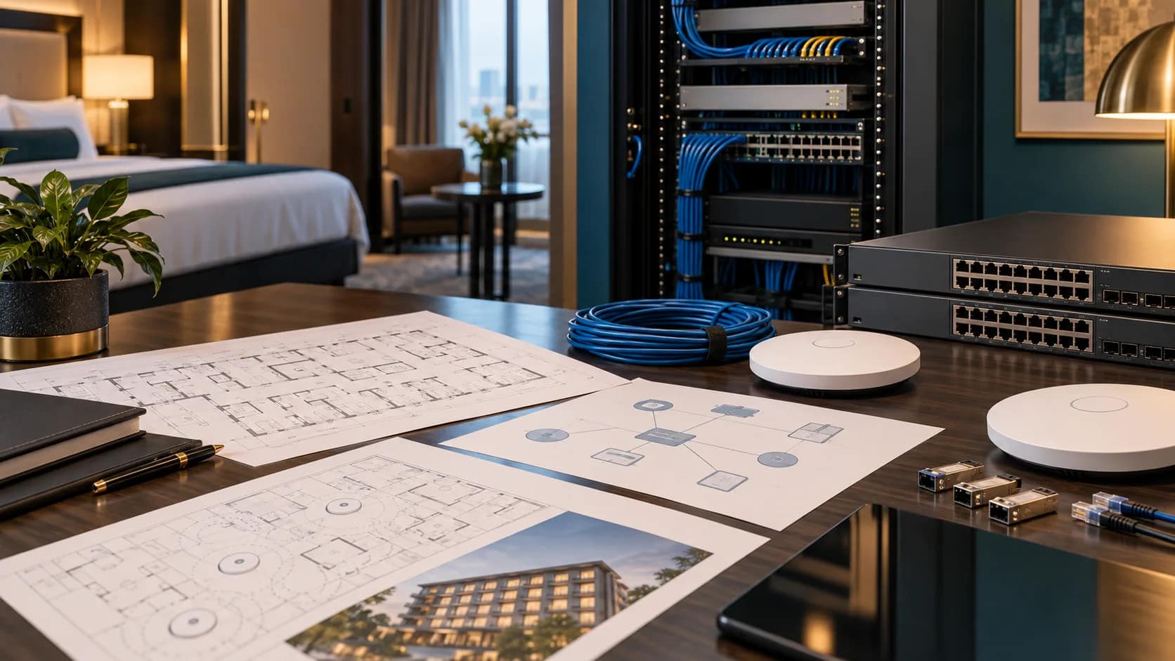 Hotel internet services checklist with network rack, access points, cabling, and floor plans on an owner review table